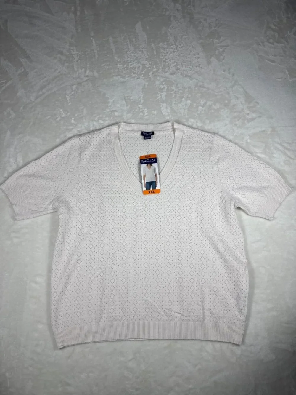Splendid Womens White Short-Sleeve V-Neck Sweater XXL Diamond Eyelet Knit - Picture 2 of 8